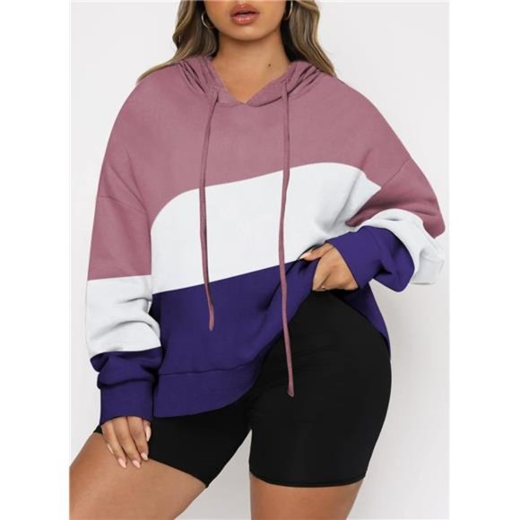 Women Plus Size Hoodies Sweatshirts Long Sleeve Colorblock Drawstring Hooded Top - Picture 4 of 8